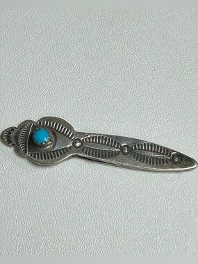 Native Sterling Silver and turquoise Hand Stanpes Bookmark Money Clip 3.5 grams